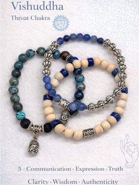 Throat Chakra Stretch Beaded Bracelet Set - Blue & Cream